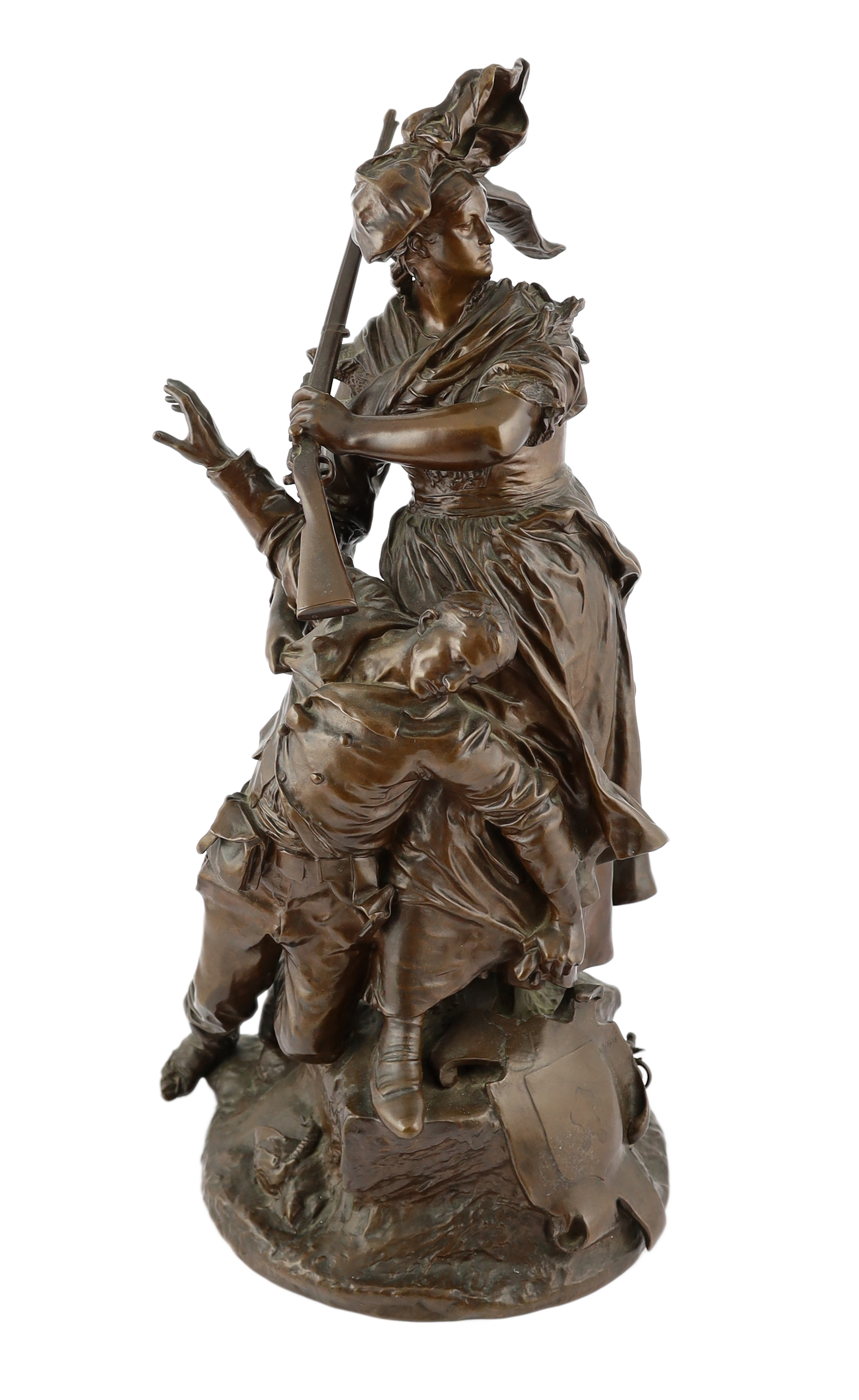 Antonin Mercié (French, 1845-1916), a bronze group L'Alsacienne des Tuileries - 'Quand même', 31cm wide, 62cm high
